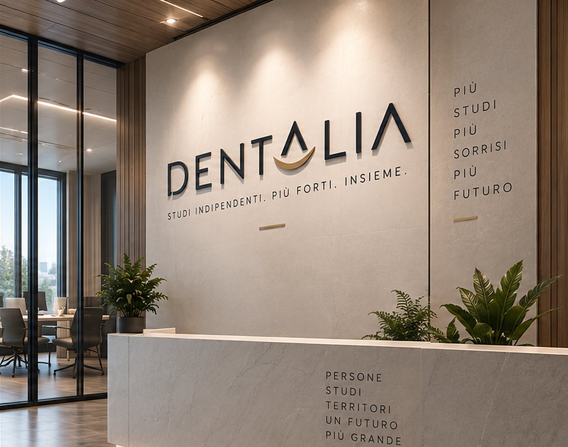 Reception di uno studio con l'insegna DENTALIA a parete